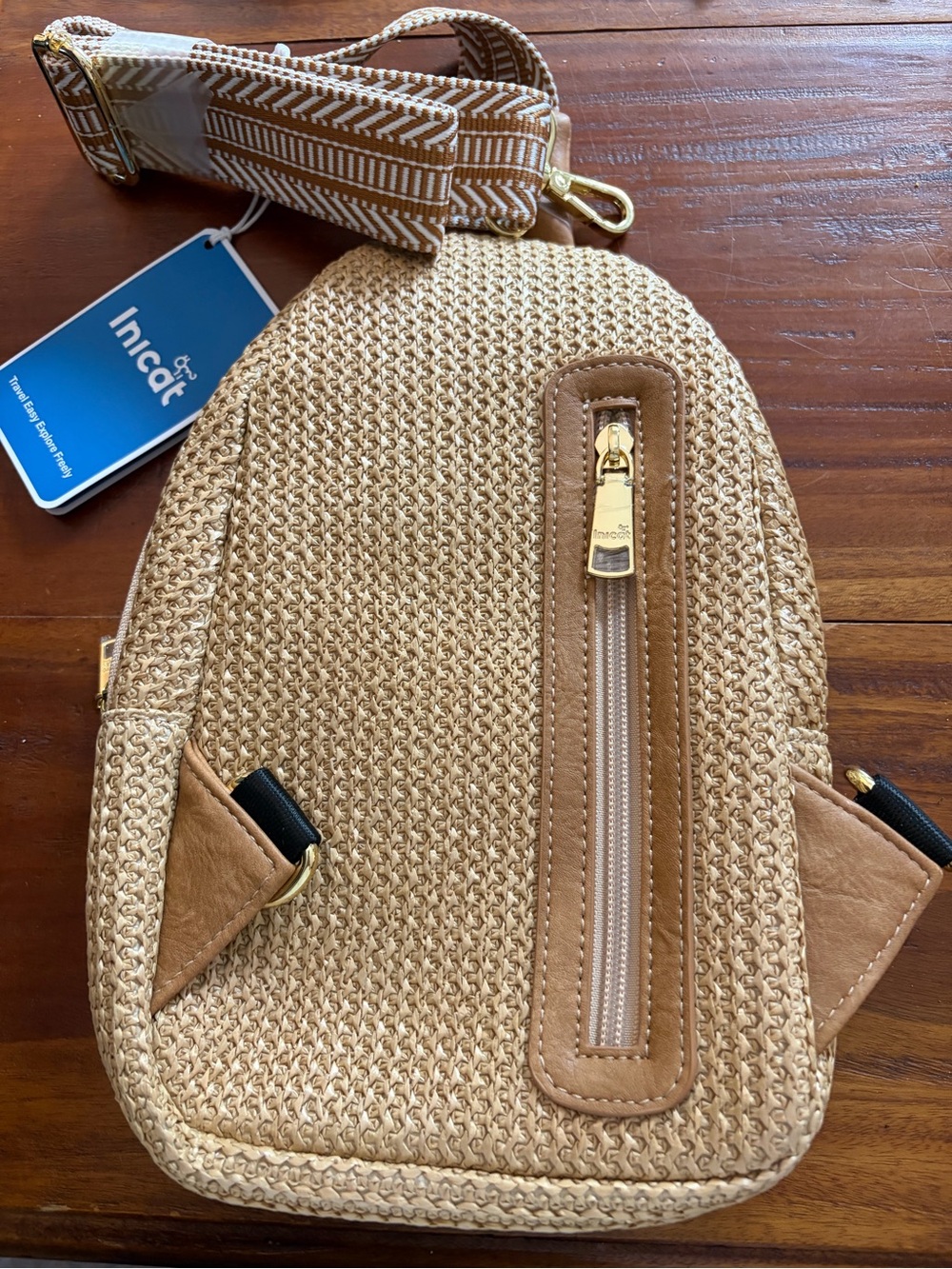 Straw-Tone Woven Crossbody Sling with Gold Zip